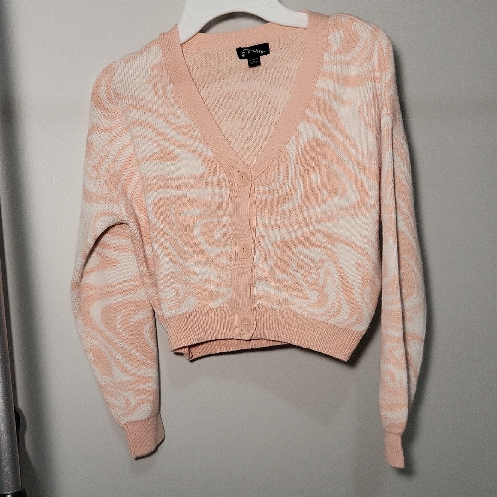 Art Class Swirl Pattern Cardigan - Pink and White